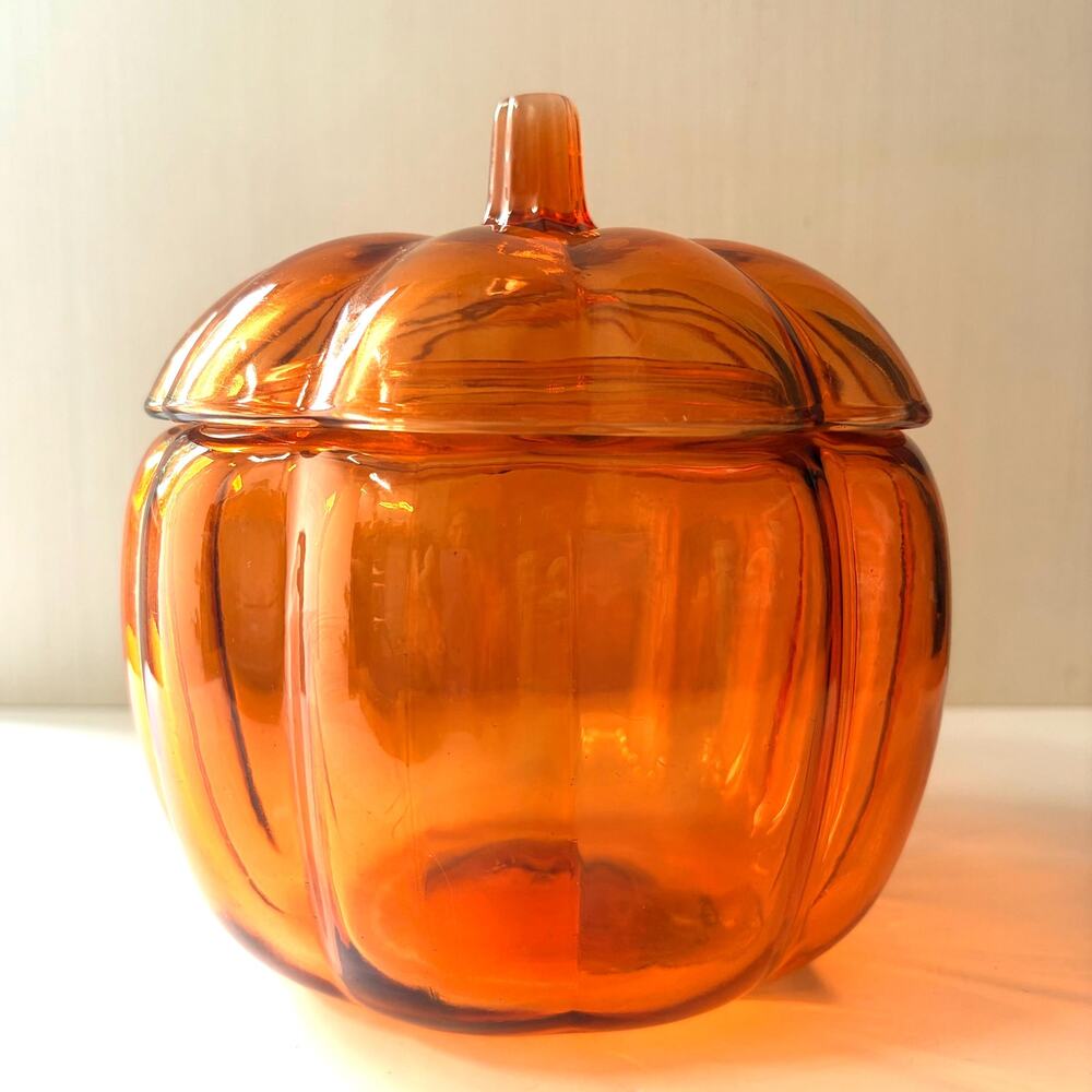 Anchor Hocking Pumpkin Orange Flashed Glass Lidded Jar Container Fall Decor